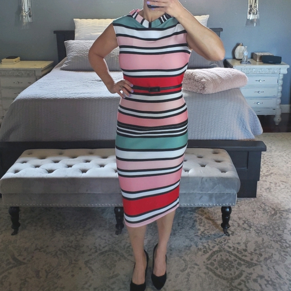 New York and Company pink stripe sheath dress